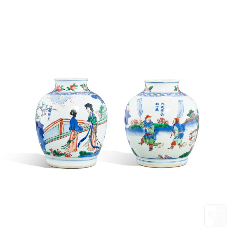 A pair of wucai 'figures' jars, Qing dynasty, Shunzhi period | 清順治 五彩人物故事圖罐一對